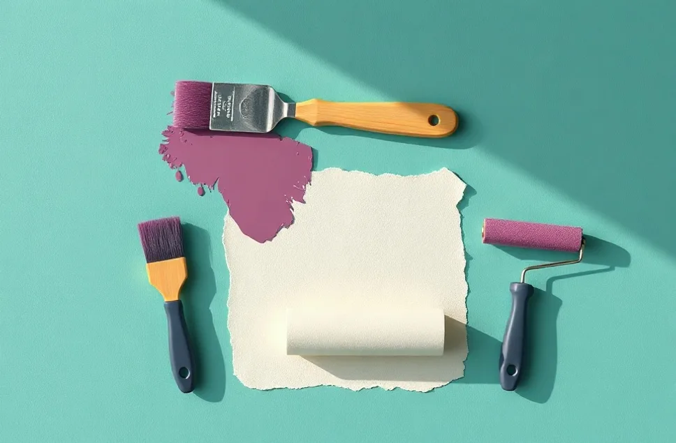 Outils de peinture disposés dans l'ordre des étapes du chantier