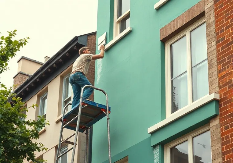 Peintre sur échafaudage traitant la façade d'une maison